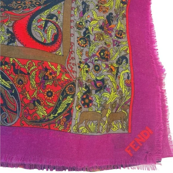 ❌ SOLD! Fendi Hot Pink Wool Scarf with Multicolor Print - Picture 1 of 3